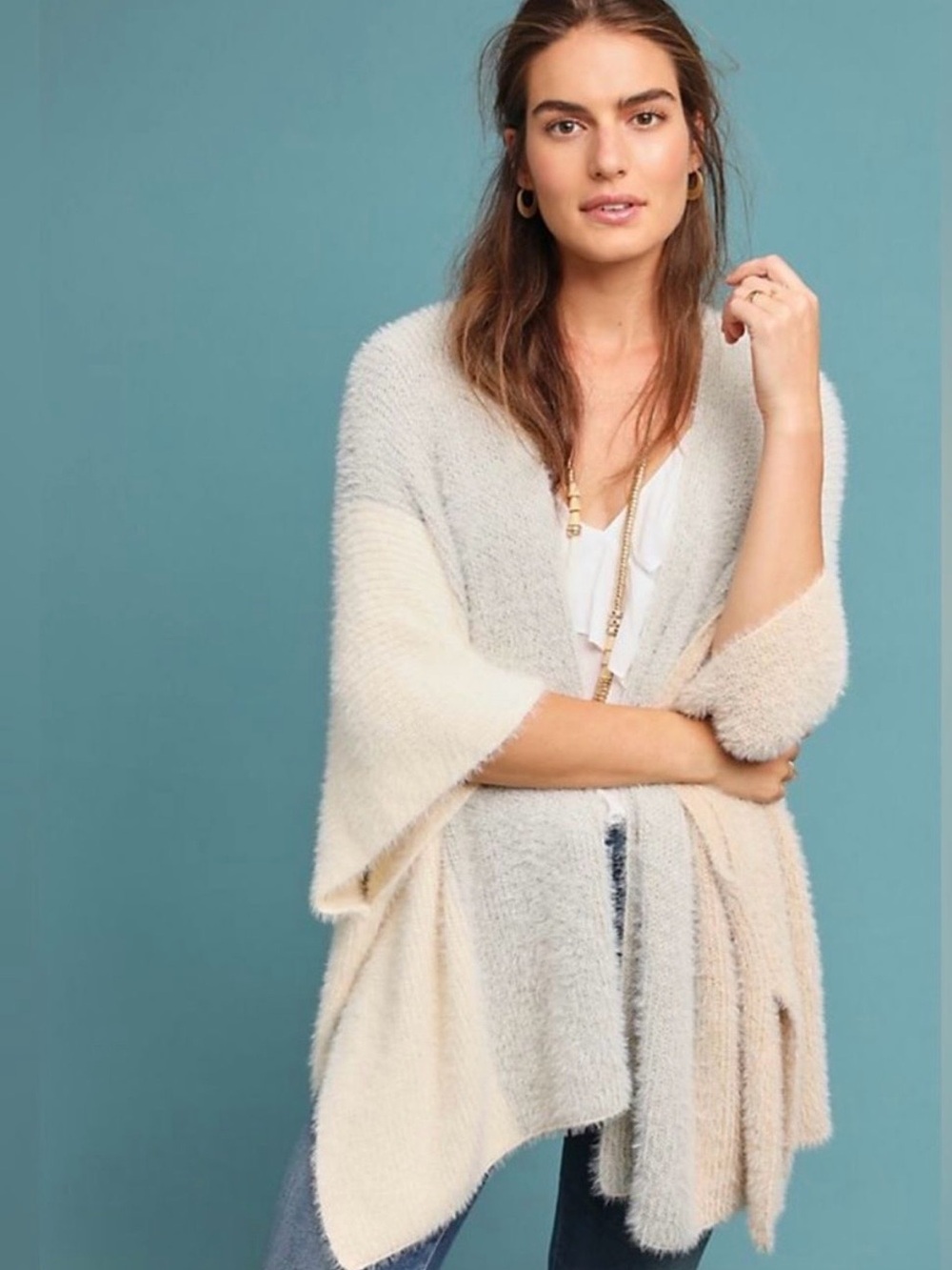 Cozy Anthro Sweater Poncho - Cream, Seashell Pink & Light Gray